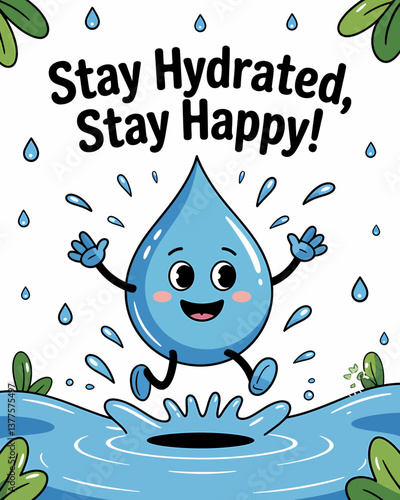 Cute Water Drop Character Jumping in Puddle with Message: Stay Hydrated, Stay Happy
