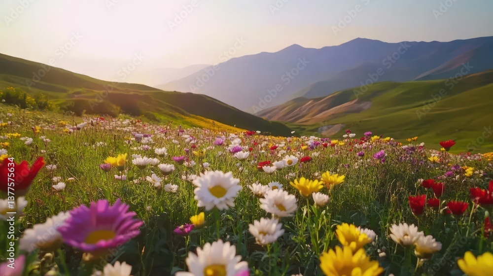 Fototapeta premium Colorful wildflowers bloom in mountain valley at sunrise