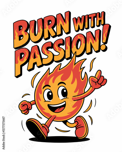 Animated Flame Character Inspiring Passion - Retro Cartoon Mascot with Burning Motivation
