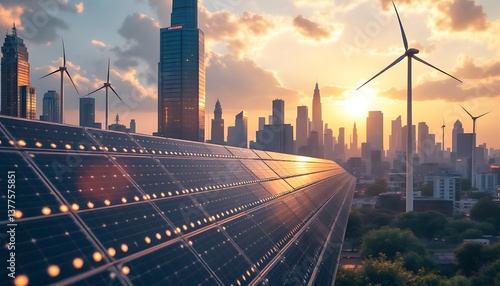 Renewable Energy Powering City Skyline with Solar Panels and Wind Turbines