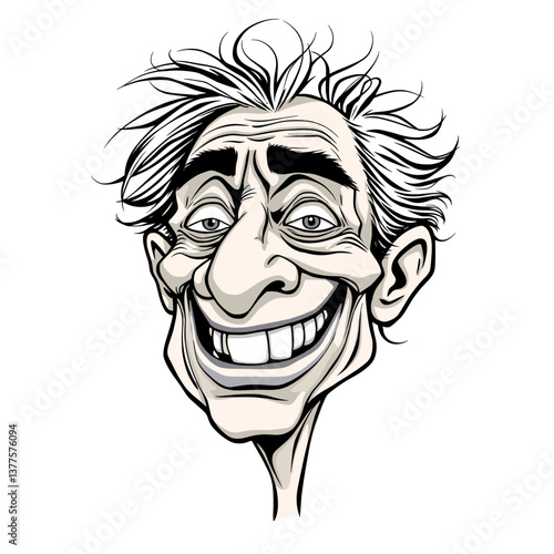 Cartoon Portrait: Mischievous Elderly Man with Wide Grin and Unkempt Hair