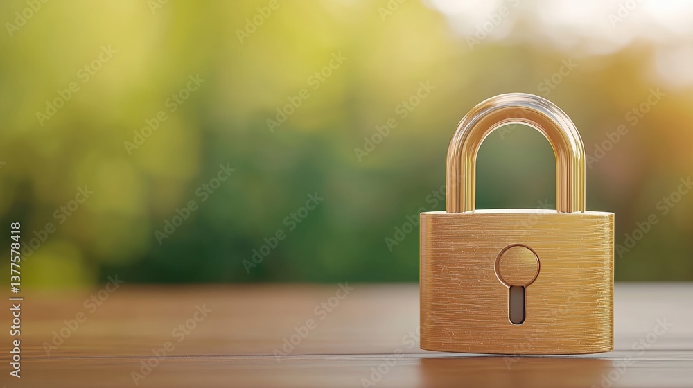 Fototapeta premium A close-up image of a shiny golden padlock on a wooden surface, set against a softly blurred green background.