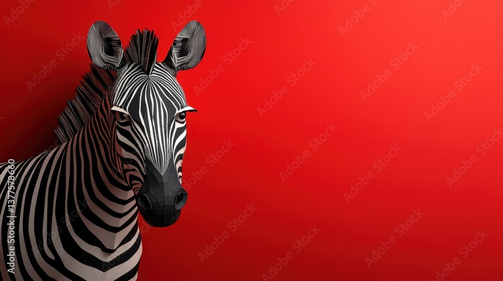 Zebra standing in front of a red wall with paper zebra illustrations in the background Zebra standing in front of a red wall with paper zebra illustrations in the background