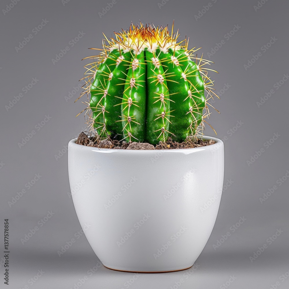 Green Spherical Cactus in White Pot Against Gray Background Green Spherical Cactus in White Pot Against Gray Background
