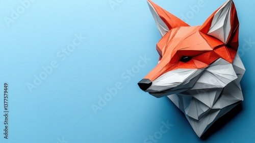 Paper fox head illustration on a blue background with space for text and details