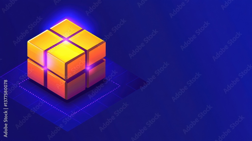 Glowing Yellow Isometric Gift Cube on Blue Background Glowing Yellow Isometric Gift Cube on Blue Background