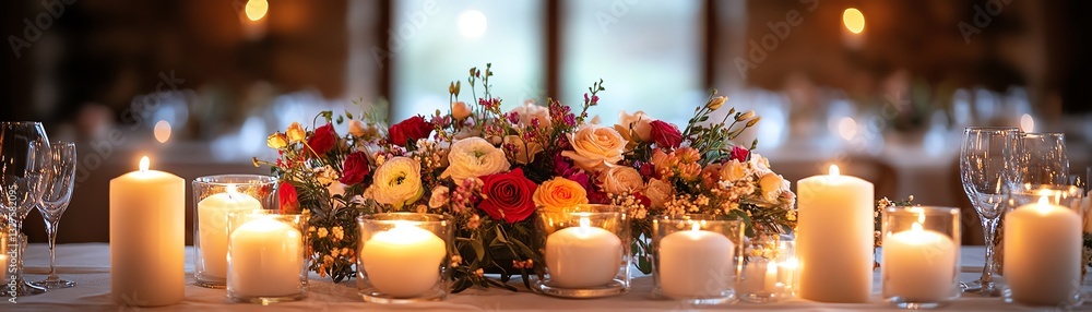 Obraz premium A beautifully decorated banquet table with candles and flowers