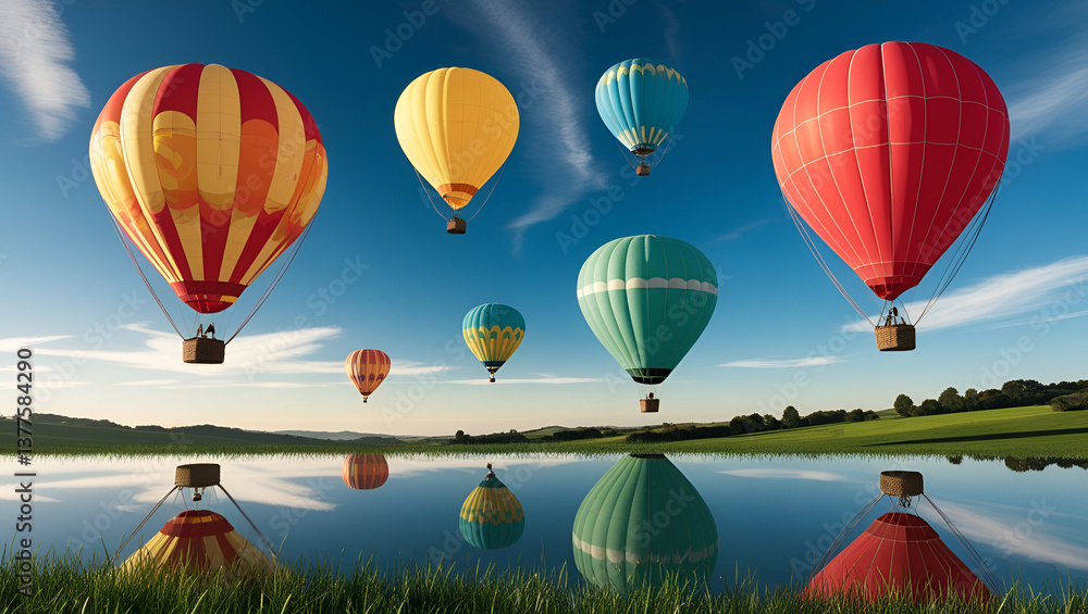 Obraz premium A breathtaking scene of vibrant hot air balloons floating gracefully in a clear blue sky, perfect for adventure and travel lovers.