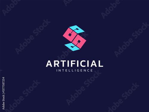 Artificial intelligence with letter s cubes network technology Analysis logo vector design concept. AI technology logotype symbol for advance technology, tech company, ui, online network, new tech.