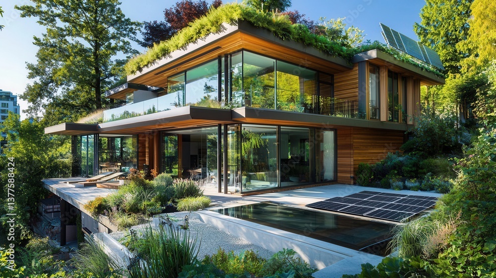 a modern eco-friendly house with a lush green roof, large glass windows, and a wooden facade, surrounded by nature. Solar panels are integrated into the design. a modern eco-friendly house with a lush green roof, large glass windows, and a wooden facade, surrounded by nature. Solar panels are integrated into the design.