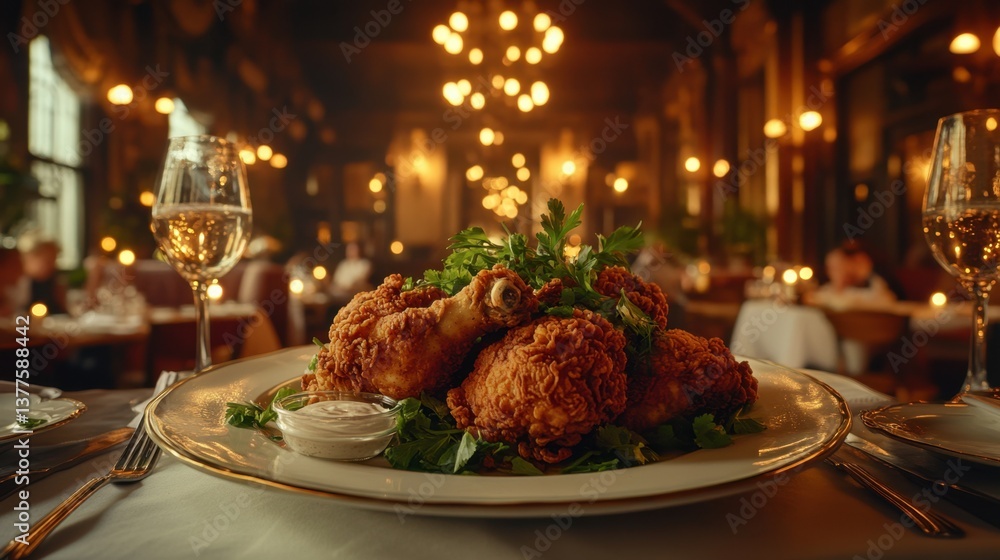 Plate of crispy fried chicken garnished with fresh herbs on a table with wine glasses and side dishes Plate of crispy fried chicken garnished with fresh herbs on a table with wine glasses and side dishes