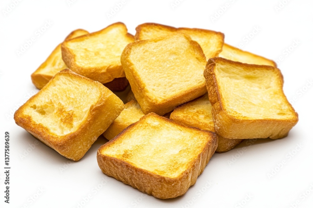Pile of Golden Brown Toast Croutons on a White Background Pile of Golden Brown Toast Croutons on a White Background