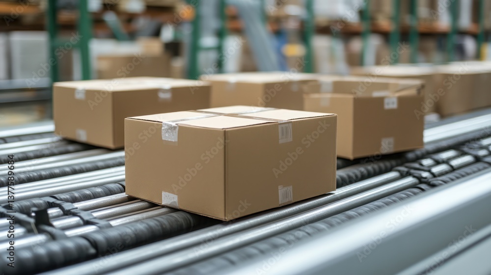 Cardboard boxes on conveyor belt in warehouse Cardboard boxes on conveyor belt in warehouse