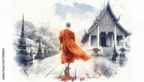Monk walking towards temple chiang mai digital art serene environment artistic perspective