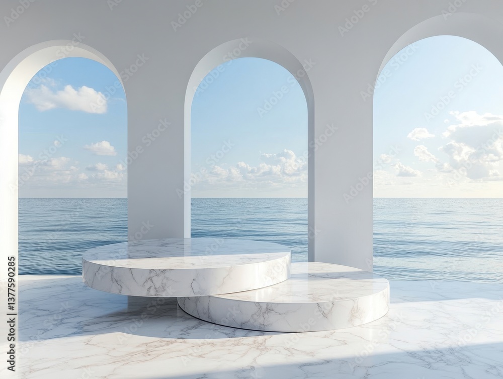 Fototapeta premium Elegant marble podiums with ocean view through arched openings serene architectural scene bright and airy minimalist design for product display and presentation