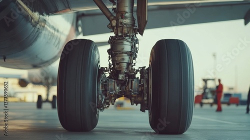 Airplane Landing Gear Assembly with Dual Wheels on Tarmac