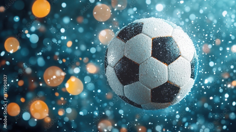 Naklejka premium Soccer ball in mid-air surrounded by water droplets in a dynamic close-up shot