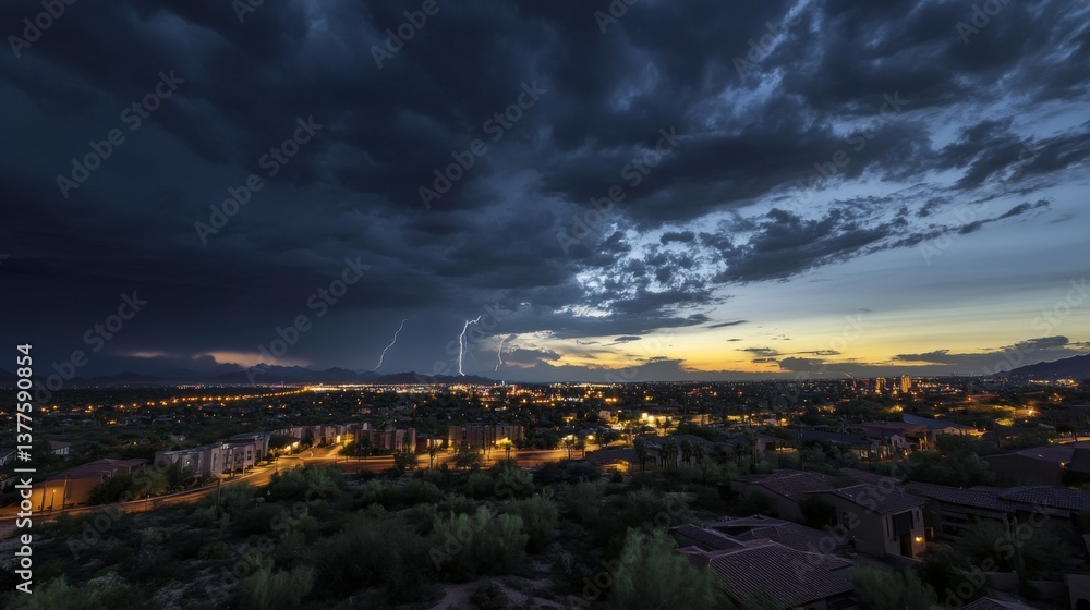 Obraz premium A breathtaking view of a city skyline under dramatic skies. The storm looms large as the sun sets softly. A perfect blend of nature and urban beauty. Generative AI