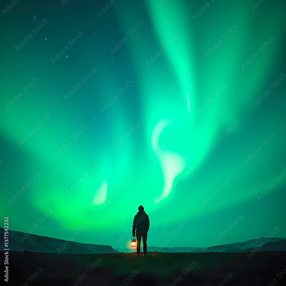 Fototapeta premium Man stands in field under green sky, bright light