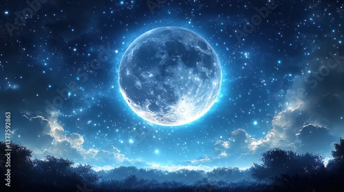 Full moon shining in the night sky over a forest with an anime-style moon illustration