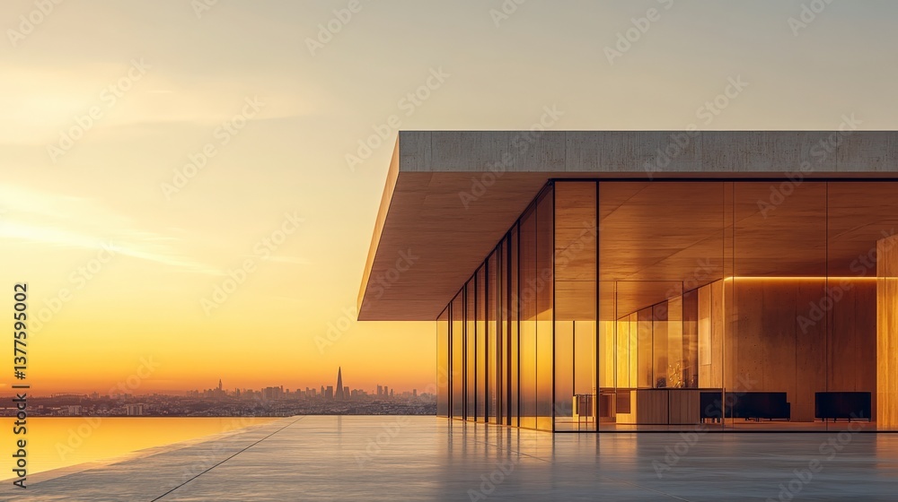 Modern Waterfront Architecture at Sunset, City Skyline View Modern Waterfront Architecture at Sunset, City Skyline View