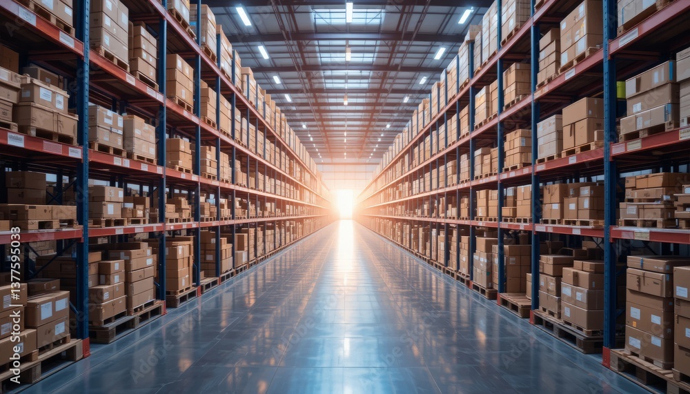 Warehouse Interior With Rows Of Storage Boxes On Shelves Under Bright Sunlight Warehouse Interior With Rows Of Storage Boxes On Shelves Under Bright Sunlight