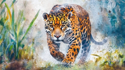 Painting of a jaguar walking through grass in a lush rainforest with dynamic watercolor style