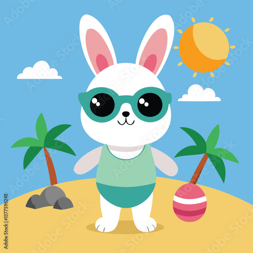 rabbit with glass chill enjoying beach