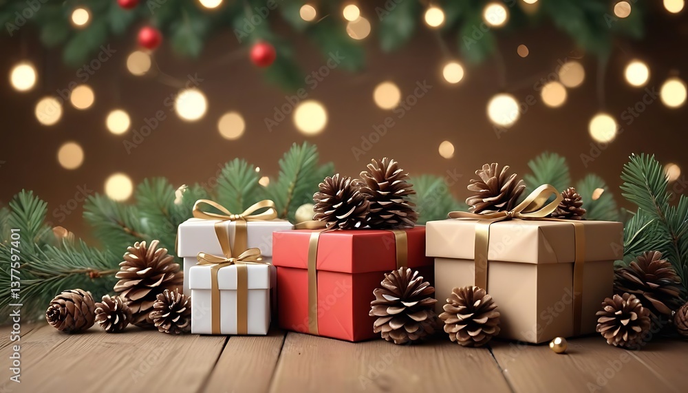 Three boxes of gifts are on a wooden table Three boxes of gifts are on a wooden table