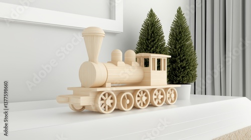 Wooden Toy Train And Potted Evergreens On White Mantel