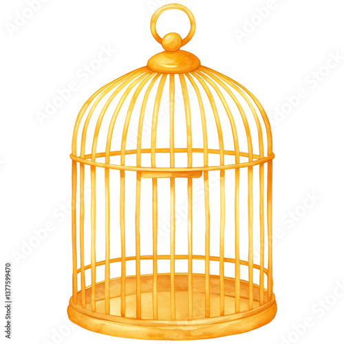 A golden birdcage with vertical bars and a rounded top, designed for containing small birds.