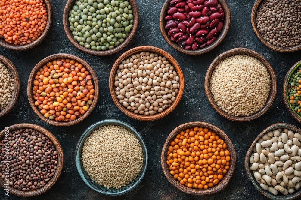 Diverse selection of legumes and grains in small bowls Diverse selection of legumes and grains in small bowls