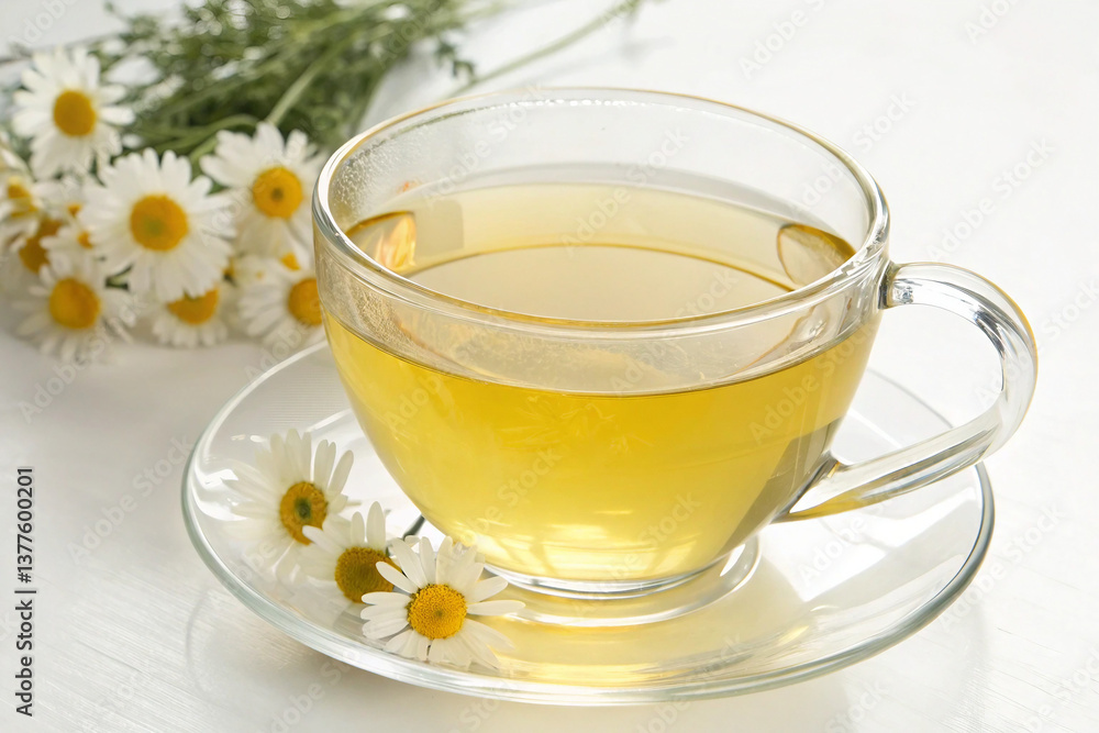 A cup of tea with lemon and flowers on a saucer, closeup of a herbal beverage with green leaves and transparent liquid, isolated on white background, perfect for a healthy breakfast A cup of tea with lemon and flowers on a saucer, closeup of a herbal beverage with green leaves and transparent liquid, isolated on white background, perfect for a healthy breakfast
