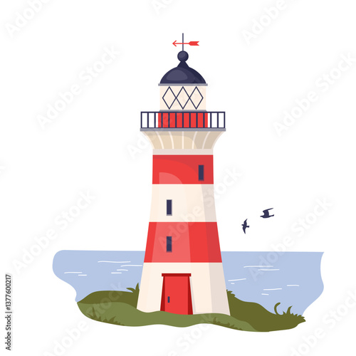 Lighthouse with sea coast Cartoon nautical navigation tower with red white stripes and beacon lights helping ships to navigate. Marine seaside architecture design element Flat vector illustration