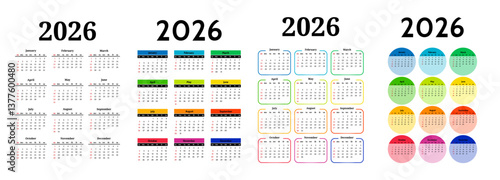 Set of calendars for 2026 isolated on a white background