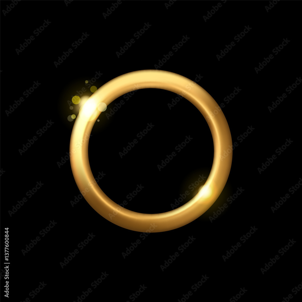 Golden realistic frame vector 3d icon. Gold metal ring on black background, shining round award badge with place for text