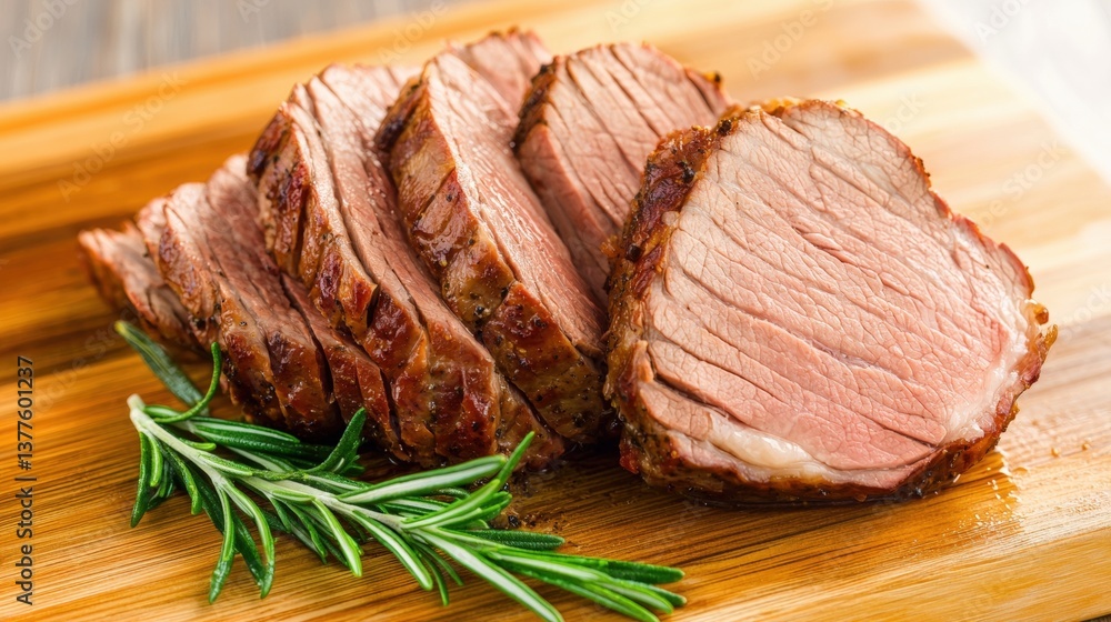 A beautifully arranged platter of succulent sliced meat garnished with fresh rosemary on a wooden cutting board. A beautifully arranged platter of succulent sliced meat garnished with fresh rosemary on a wooden cutting board.