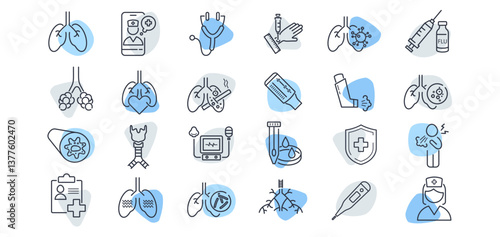 A set of line icons on the theme of respiratory health. Lung diseases, asthma, tuberculosis and cancer are presented.