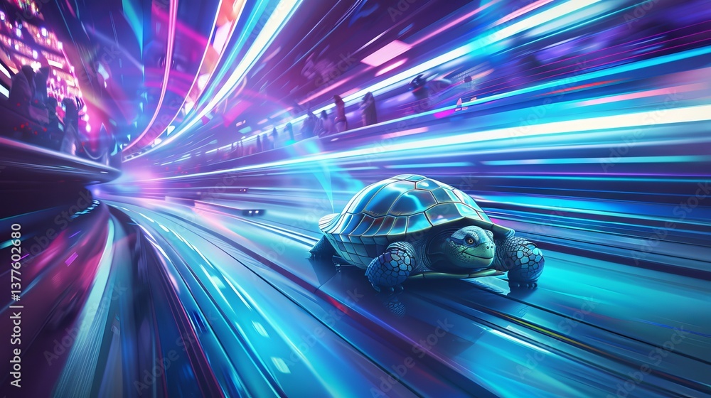 A vibrant digital turtle racing through a neon-lit tunnel, showcasing speed and motion in a fantastical setting. A vibrant digital turtle racing through a neon-lit tunnel, showcasing speed and motion in a fantastical setting.