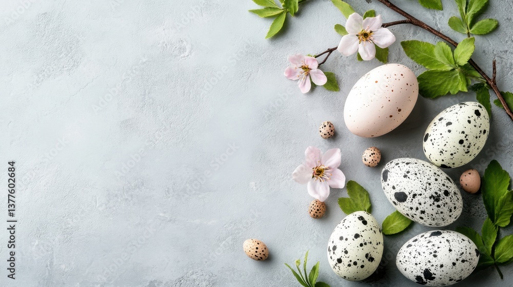 Quail eggs surrounded by flowers and leaves on a blue background for decorative and culinary use Quail eggs surrounded by flowers and leaves on a blue background for decorative and culinary use