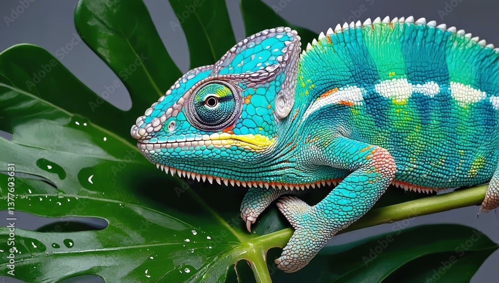 Fototapeta premium Vibrant Chameleon Close-up on Lush Green Leaf with Water Drops - Made with Generative AI