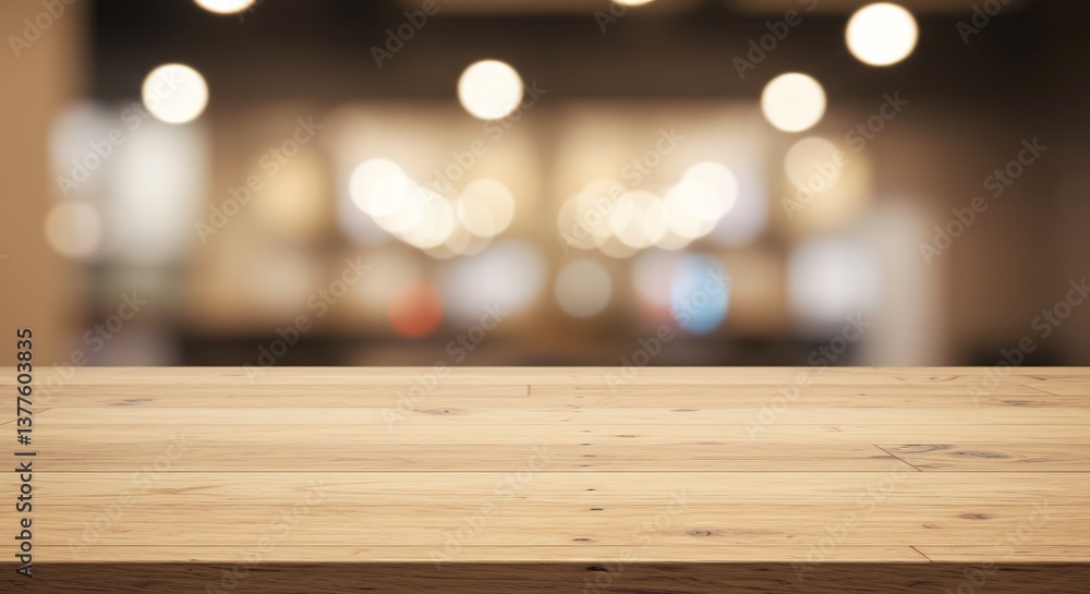 Empty light wood table warm restaurant bokeh background. AI Generated Empty light wood table warm restaurant bokeh background. AI Generated