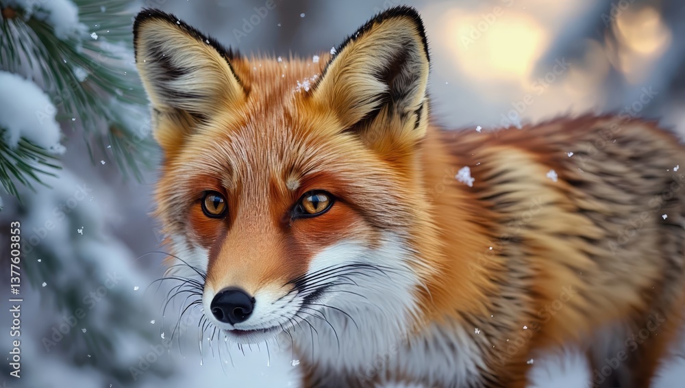 Fototapeta premium Red Fox Portrait with Soft Snowy Forest Bokeh Background - Made with Generative AI