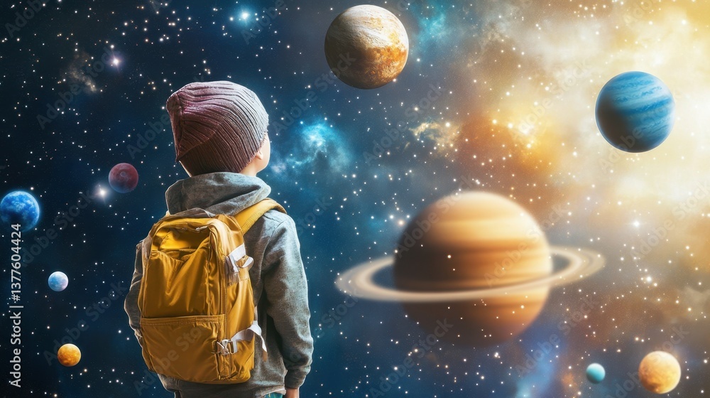 Naklejka premium Child in yellow backpack observing planets in the night sky with stars and celestial bodies visible