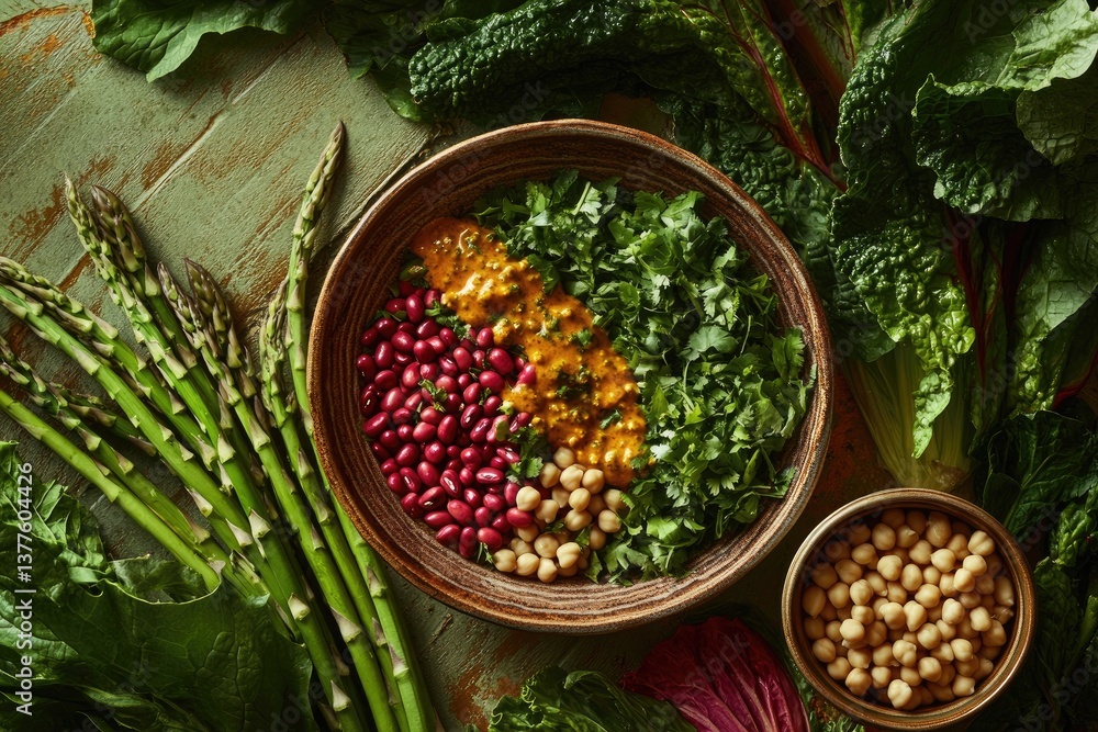 Colorful, vibrant, healthy bowl with greens, beans, and nuts Colorful, vibrant, healthy bowl with greens, beans, and nuts