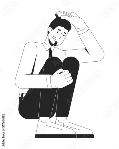 Anxious businessman in crouching position 2D line character. Burnout, emotional pressure. Worried caucasian male office worker isolated vector ink outline person. Monochromatic spot illustration