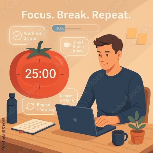 Productivity hacks, A focused individual uses the Pomodoro technique, working in intervals with a timer, promoting productivity hacks and regular breaks.