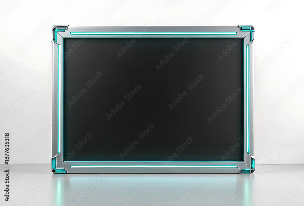 Fototapeta premium Modern tech screen with black surface and minimalist cyan frame 