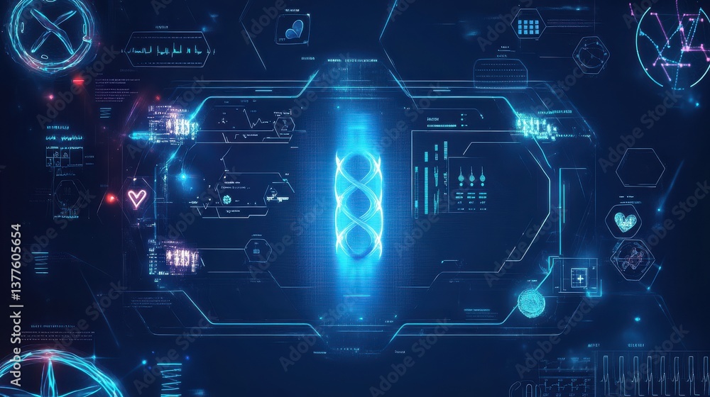 A complex digital interface displays various glowing symbols, graphs, and analytics elements in a tech lab setting. The blue color scheme emphasizes advanced technology and data visualization A complex digital interface displays various glowing symbols, graphs, and analytics elements in a tech lab setting. The blue color scheme emphasizes advanced technology and data visualization