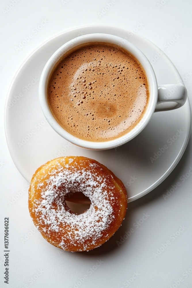 Delicious Donut with Powdered Sugar and Steaming Coffee Cup on White Plate for a Sweet Morning Treat Delicious Donut with Powdered Sugar and Steaming Coffee Cup on White Plate for a Sweet Morning Treat